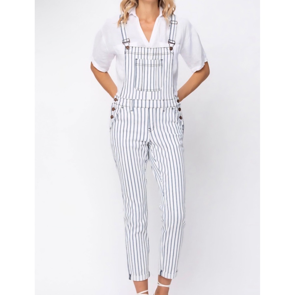 Judy Blue Just My Stripe White Navy Striped Overalls PNT1191WH XL NWT